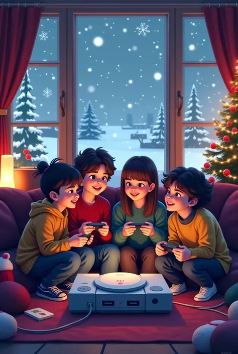 a teenager playing playstation 1 with his friends in christmas snowing outside the house in pixel art style