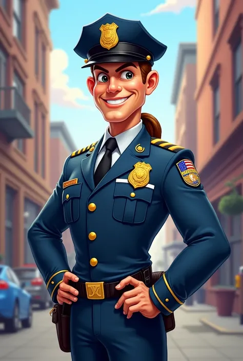 DRAW AN OFFICER IN A CARTOON WEARING A POLICE SUIT FROM ONE STATE WITH MANY ACHIEVEMENTS IN CLOTHING