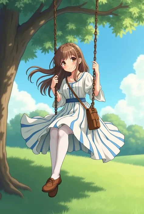 (anime) a young teenager , brown-haired with a braid ,  brown eyes , wearing medieval clothes,  that is a white dress with blue stripes ,  white pantyhose , brown shoe,  with a leather bag on her shoulder and bobbing on a swing on a tree in the field 