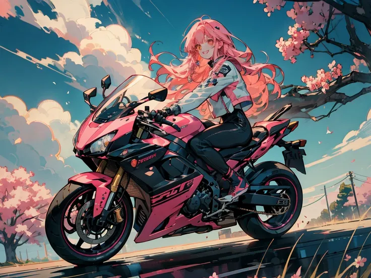 Woman riding a sports bike, high definition , masterpiece,  anatomically correct,  high detail,  textured skin , bangs ,  smile ,  Medium Full Shot ,anime,  digital art , modern, Reality, One woman , background is Sakura tree、Light in the background、Strato...