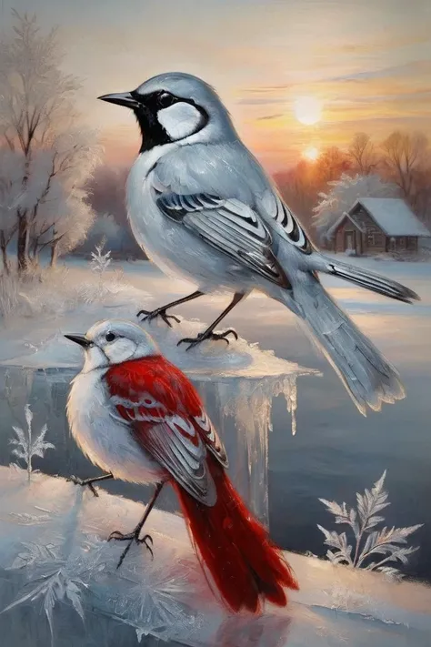 frosty frost painting on glass transparent bird in silver on glass

 behind the glass is a crimson dawn