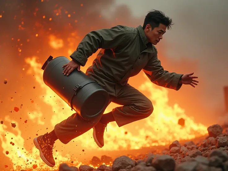 He jumps into the fire with a bomb in his arms, but he doesnt even know hes dying, but hes rather amazing. He depicts a Korean man who is mistaken