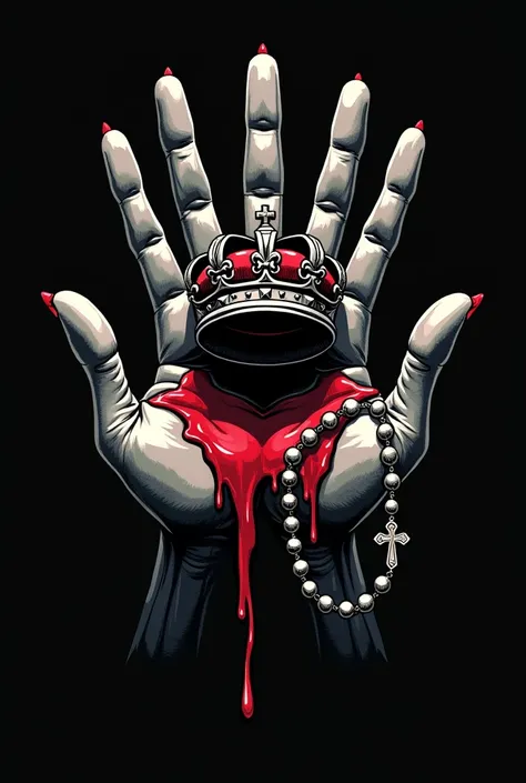 Create a two-handed logo holding a crown dripping with blood in the palm of your hands. On the right hand there will be a rosary . Cartoon