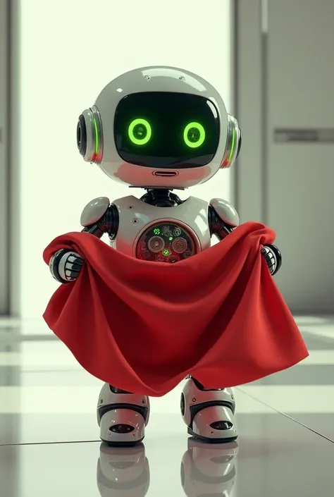 Green-eyed baby robot delivering a red blanket
