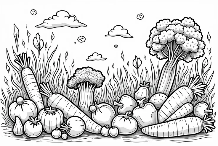 vegetable coloring book, Black and white line drawing