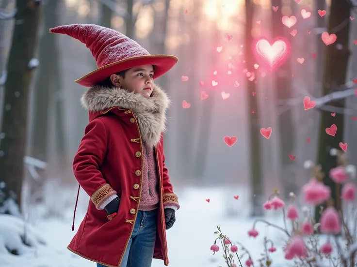 " The young magician stands in a snowy forest ,  where the first signs of love are in the air . Zijn staf straalt een pink gloed uit, who makes hearts soar in the air .  Early snowdrops and heart-shaped leaves magically blossom around him.  He wears a scar...