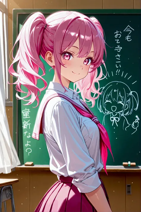 1 Girls, school girl, student, school uniform, pleated skirt, short hair, twin-tails, pink hair, pink eyes, human, cute, classroom, holding chalk, smiling, looking at viewer, standing in front of chalkboard, master piece, best quality, sharp lines, 8k, 8k ...