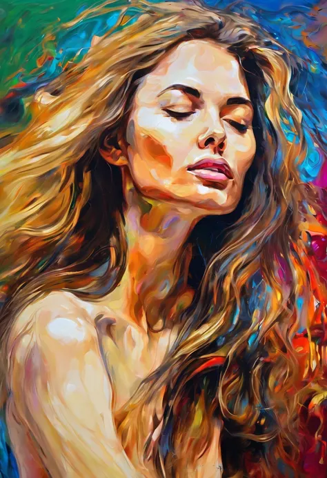 painting of a nude woman with long hair slanted, digital expressive oil painting, an expressive digital painting, in digital painting style, digital oil on canvas, expressive digital painting, digital oil painting, digital art oil painting, digital oil pai...