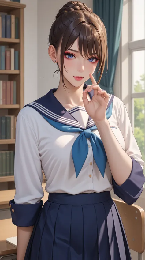 Young woman, sincere and gentle expression, student figure, wearing a neat school uniform, long or medium-length modest hairstyle, gaze with a hint of worry but determination, dormitory setting or scenes with books, helping others or calmly talking gesture...