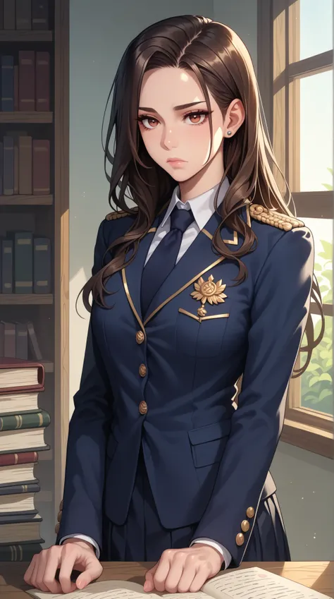 Young female, typical studious student appearance, neatly dressed in a uniform, taciturn and expressionless, calm gaze, low-key and composed posture, Japanese dormitory setting, black or dark brown straight long hair, quiet study environment, slightly intr...