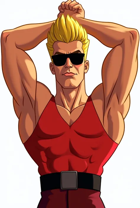 Johnny Bravo with black lenses seeing the name Bandononona head-on raising his arms above his hair with the background in transparent PNG format 