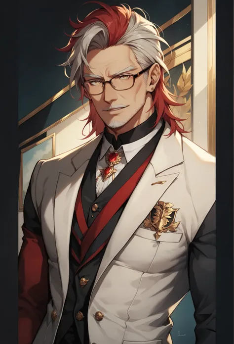 Tasty old man from the 20s, ash red hair with some gray, Aleli eyes. He wears glasses that make him look sexy. He is very elegant. Old man with long face, dignified expression, tall, luxurious physique, this character has anime style,