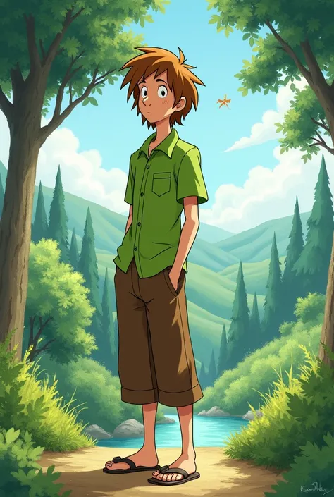 Make a full body image of shaggy from scooby-doo but in the artstyle of studio ghibli