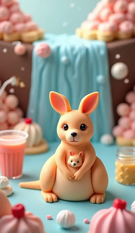    Is it possible to use a flowing waterfall to create a delicious ice cream effect   ，  A stream of waterfall-like smoke and a kangaroo mom and kangaroo baby shaped ice cream， Kangaroo babies in the pockets of kangaroo moms ， cute，Exquisite， Is it possibl...