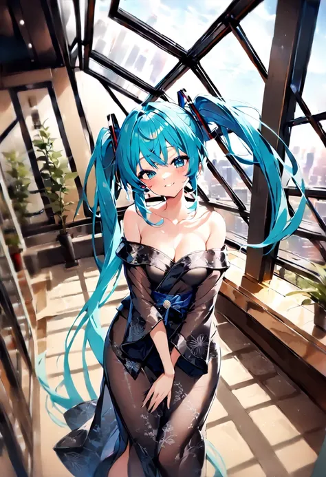 (hatsune miku:1.2), (yukata, off-shoulder, sheer:1.4), (cowboy shot:1.4), (luxurious penthouse, indoor rooftop temple:1.4), 