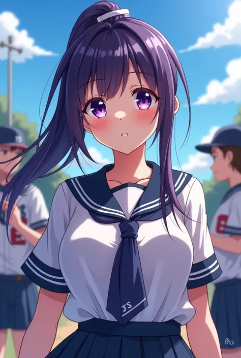 Japanese animation style、 high school girl、Baseball players、 Baseball Cap 、Dark Purple Long Hair、single ponytail、 purple pupils、 full breasts 、From Taiwan