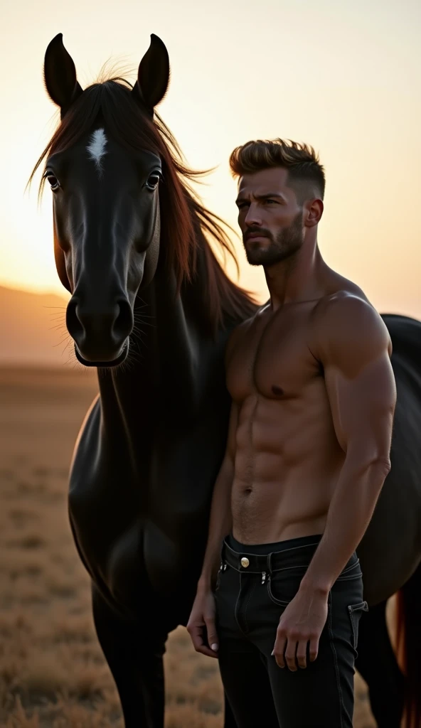 black horse + : " A tall, muscular man stands next to a gleaming black horse.  The horse has expressive eyes and its long mane wobbles in the wind . Both are positioned on an open field at dusk , radiating strength and elegance ."