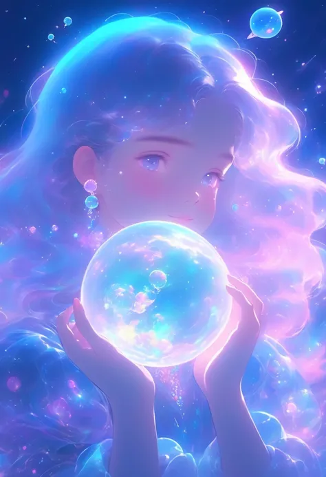 A girl holding a planet in her arms，close up，Glowing fluorescent feeling，Transparency，dream，Monets color scheme，Texture Matte，high quality，High Definition，Rose red，blue，Neon light，Space Background