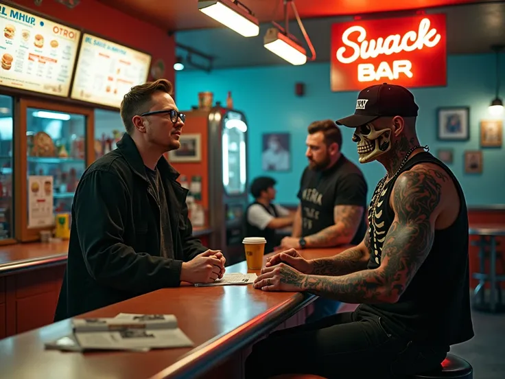 Elon Musk with bone maga at a snack bar and a fat biker wearing a jacket full of tattoos staring at each other