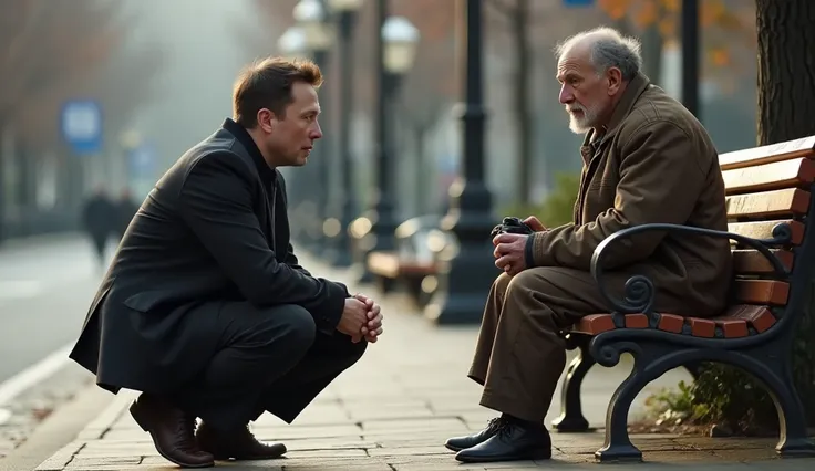 Elon Musk crouching down kindly talking to a man in old, rugged clothes who is sitting by a bench in a quiet corner of the city. The man appears thoughtful and hopeful, holding a small bag of belongings. The scene is calm and emotional, focusing on humanit...