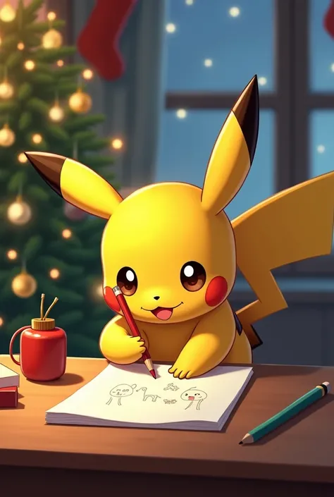 Create Christmas image of Picachu drawing with pencil
