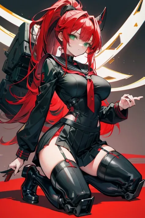 Red hair, ponytail,  green eyes, black seifuku, boots, stockings, kneeling, large breasts, mechanical parts