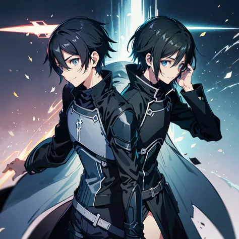 Kirito,  cool boy anime style,  sword art online , black armor slim ,  black coat , 1 ,  looking at the spectator , standing, thinking,  smiling,  upper body,  ultra detailed ,  Simple Background,  high quality group ,  high resolution