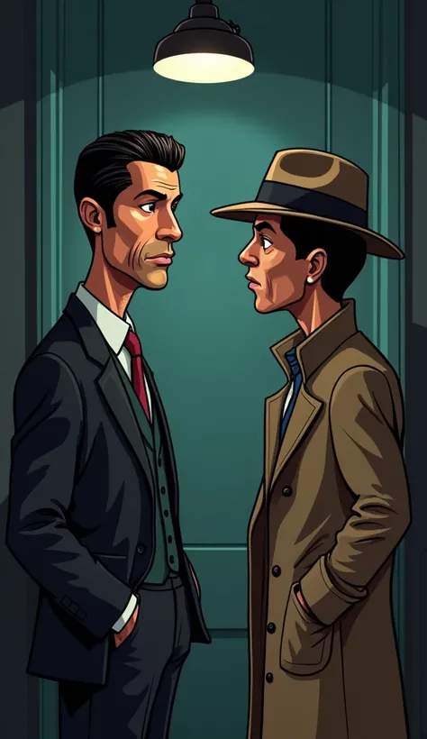 A stylized illustration showing a caricature of Cristiano Ronaldo, looking serious, meeting with a caricature of a detective in a dimly lit room.  The detective is wearing a trench coat and fedora. The overall style is dramatic and slightly humorous.