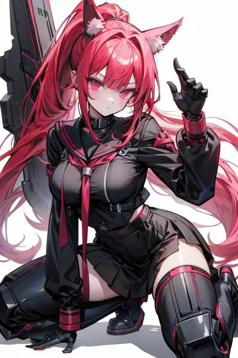 Red hair, ponytail,  pink eyes, black seifuku, boots, stockings, kneeling, large breasts, mechanical parts