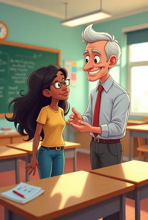 Create a cartoon image of a teacher Male swimming adult male with white skin without a mustache or without beards teaching a mulatto girl with very long black hair who is neither white nor brown