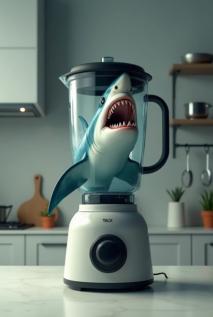 a blender blending a shark and let it be e