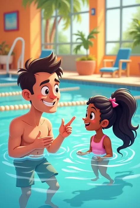 Create a cartoon image of a teacher Male swimming adult male with white skin without a mustache or without beards teaching a mulatto girl with very long black hair who is neither white nor brown how to swim in a pool