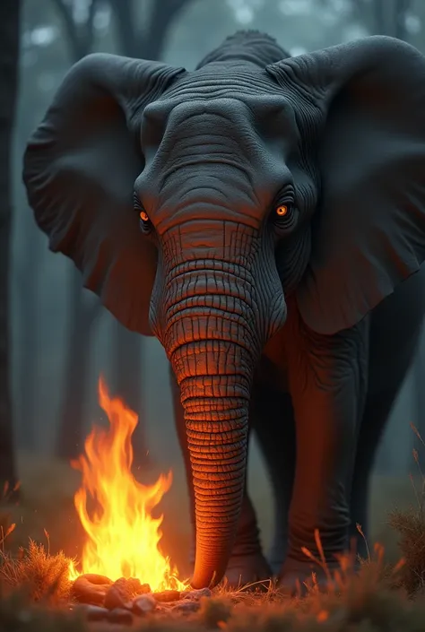 Fire reflect on a elephants eyes emotionaly.