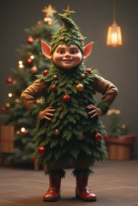 photorealistic portrait of fat elf wearing Christmas tree costume,spirit of Christmas tree,(Art by Peter Mohrbacher:1.2),(Christmas theme),(cute),(happy smile:1.2), (elegant),(hands on hips:1.5), high quality,(lovely) ,(highly detailed Christmas tree costu...