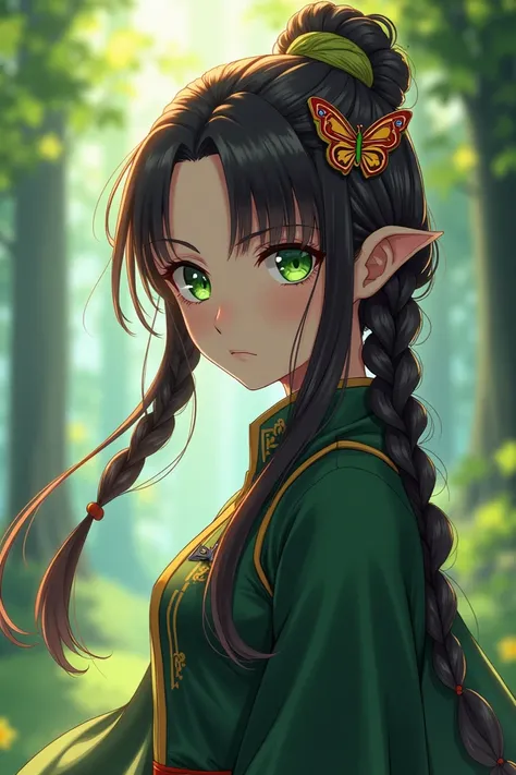  Create a Demon Slayer style image 
A girl with long hair tied up in a thick and long braid, the green eyes,  with a butterfly clasp on the braid , with the uniform of the butterfly estate  