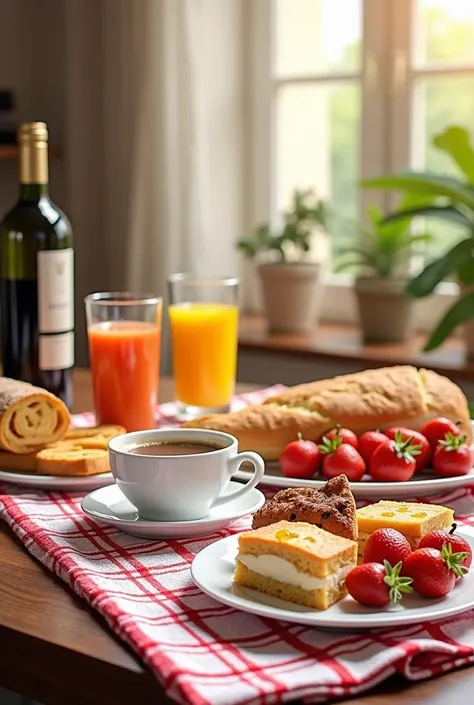  Make a brochure illustrating a coffee table set with several cakes, appetizers, Juices, bread, wine, fruits, café, wafer, on a white and red plaid towel .  At the bottom of the flyer write like this  " Deixe seu café e appetizers mais apetitosos com os pr...