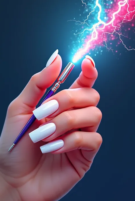 image for logo lightning at the end , a womans hand with white nails with an acrylic brush and white polish 