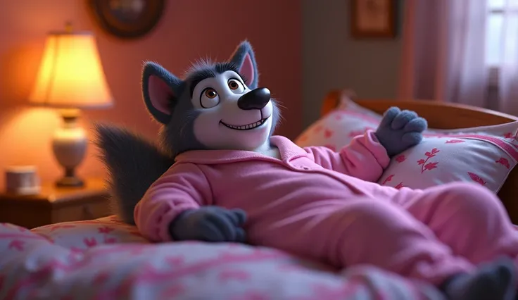 Big bad wolf lying on his back on his bed with lamp turned on and fully covered. Wearing a pink nightgown. Disney pixar