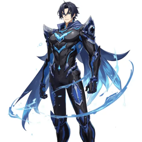 , (best quality anime :1. 7), A windy day,  a 23-year-old white man , (black eyes:1.4),  ( black hair:1.4).  futuristic soldier dressed in black  & blue outfit, white background 