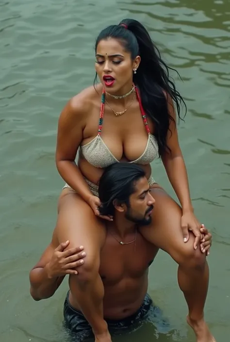 The Malayali woman sits on her servants  shoulder, women age is 30, large breasts, Wearing salvar, micro bikinis, ponytail Black Hair, full figure, Drunk, walking, reverse shoulder ride, wearing shoes , singing,  close up, dancing, realistic photos, real, ...