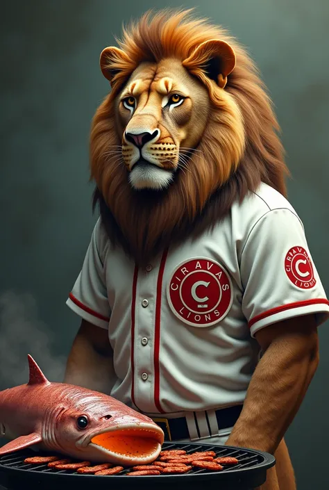 Realism style,  Lion in uniform baseball for the Caracas lions, Eating shark on the grill 