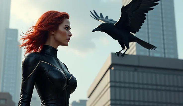 Blackwidow Marvel looking at a raven above the Avengers building, ultra realistic and professional images  