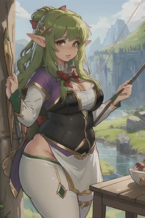 (Best quality), (high resolution), (detailed), 1woman, sketch, cute face, (thick lips), elf girl, (midshot), skinny, bow ranger, forest elf, fantasy bow, ranged bow