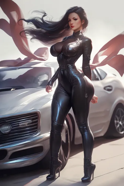 source_9_up, source_8_up, source_7_up, source_6_up, source_anime, female, solo, perfect face, (detailed beautiful face), black eyes, (detailed eyes), black hair, (long hair), big breasts, thin waist, wide hips, big ass, wearing tight black bodysuit, standi...