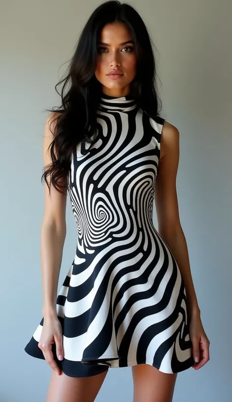 「 The pattern on the 、 mini flare dress with a black and white swirl pattern that creates a visual illusion。 A fashion photo showing the whole body that makes you feel the three-dimensional effect and movement。 design is arranged so that the stripes swirl ...