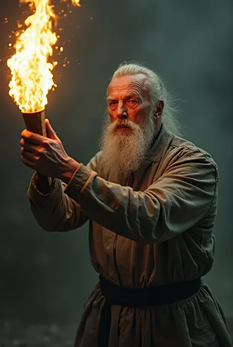 An old deaf man throwing a fire torch