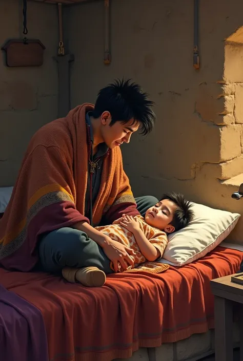 A young man wearing Andean clothes ponchos in his stone house sitting in a corner of the bed and his son is asleep on the bed, all you can see is his head and the man is ready to uncover it. 