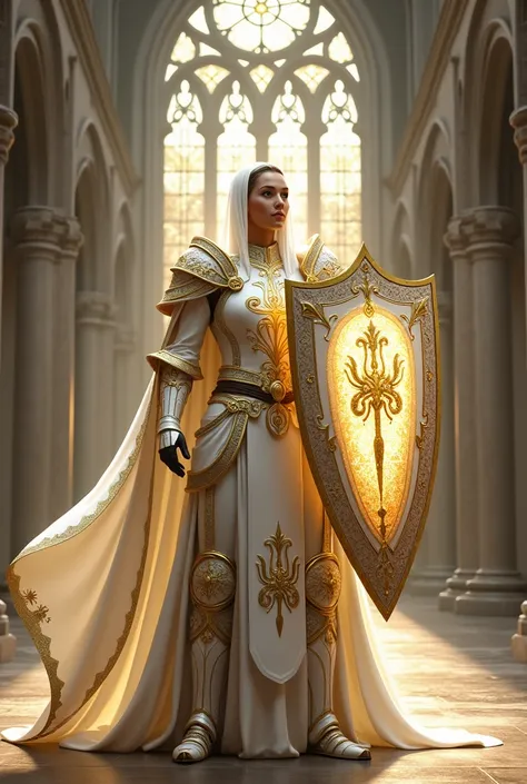 Cleric with white and gold armor and a shield 