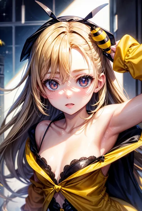 ((Wearing a bee costume)),  girl、cute、Penguin Parade、( top quality 、masterpiece、 high definition 、  Details)、Animeスタイル、 flat style 、( beautiful eyes,  delicate and beautiful face like a prostitute,),  break, girl1人、extremely   Details(The Shining), Best li...