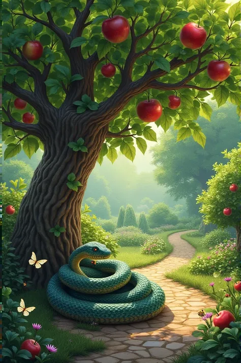 Apple tree and a snake  and a garden